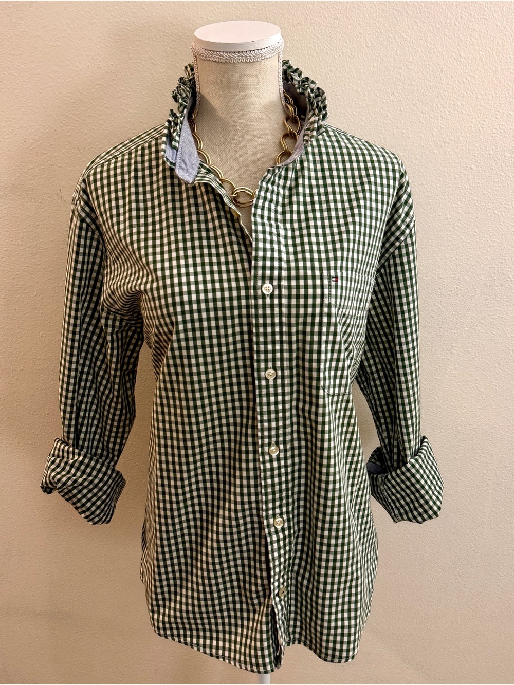 Upcycled ruffle collar shirt, Tommy Hilfiger green check